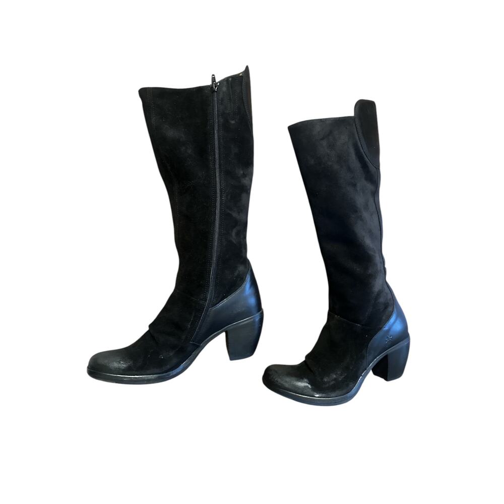 Women 40 Fly London Black Leather Knee-High Heeled Boots Brushed Suede - Picture 5 of 9